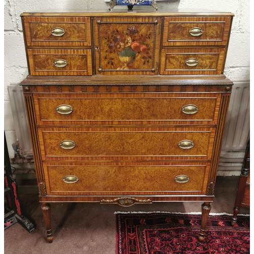 106 - Tall Satinwood Chest of Drawers with small cabinet, decorated with floral still life (4 short drawer... 