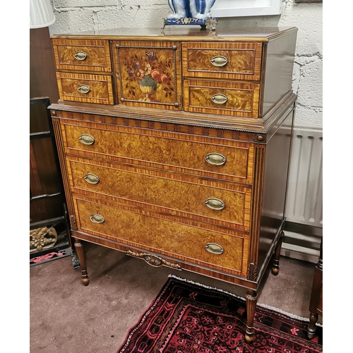 106 - Tall Satinwood Chest of Drawers with small cabinet, decorated with floral still life (4 short drawer... 