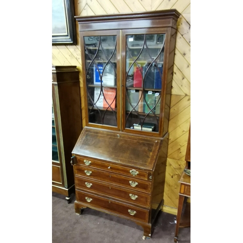 120 - 19thC Mahogany Bureau Bookcase, inlaid with satinwood - the two astragal-glazed upr doors opening to... 