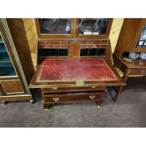 120 - 19thC Mahogany Bureau Bookcase, inlaid with satinwood - the two astragal-glazed upr doors opening to... 