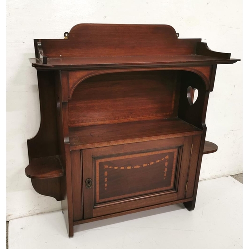 123 - Edw. Mahogany Wall Shelf, with a single central cabinet, inlaid, with heart shaped designs to each s... 