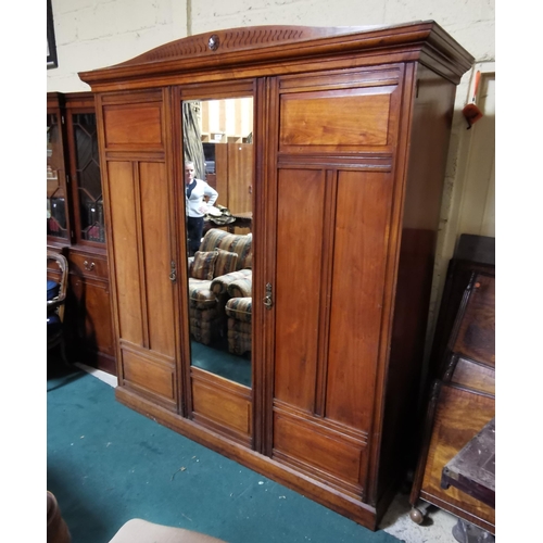 138 - Large Edw. Walnut 3-door Wardrobe, with drawers and hanging closet inside, mirrored centre door, 1.9... 