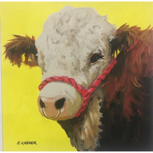 155 - RONALD KEEFER Prize Bull, oil on board, (yellow background) cream frame, 79cm x 80cm