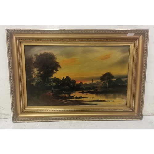 173 - GEORGE COLE 1810-1883, Oil on Canvas, evening time at a riverside village, signed btm right, H37 x W... 