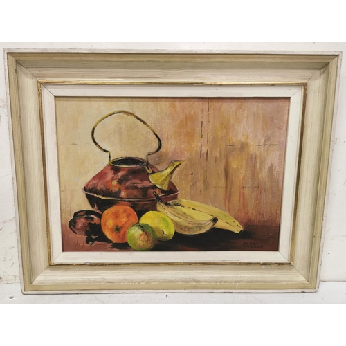 175 - Irish School - EILEEN HOWARD, Still Life  copper kettle with mixed fruit, oil on board. 35cmH x 46c... 