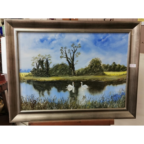 191 - Oil on Canvas, Swans on a lake, signed Tadhg 2006, grey frame, 63 x 83cm