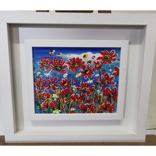 199 - EVELINA VINE, Acrylic on Board, Meadow of Summer Flowers, double white frame, 14.5cmH x 16.5cmW