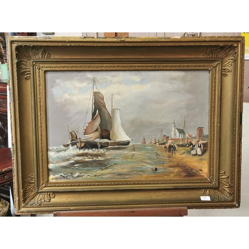 203 - 19thC Oil on canvas  Returning to Shore, sail boat by a village harbour, H44cm x W67cm, gold gess... 