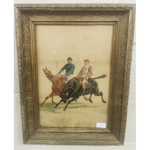 210 - Pair of early 20thC French Lithographs on wood, Steeplechase Scenes, both signed upr right, matching... 