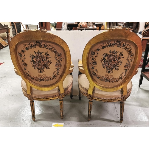 23 - Matching Pair of Gilt Decorated French Salon Armchairs, floral tapestry covered seats, 106cmH