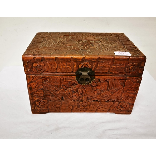 252 - Small oriental camphor wood box, carvings of figures in landscapes, hinged lid, 30cmW x 20cmH