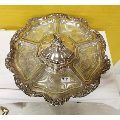 279 - Early 20thC Ornately Bordered Silver Plated Nut/Condiment Dish, a glass dish to each compartment, on... 