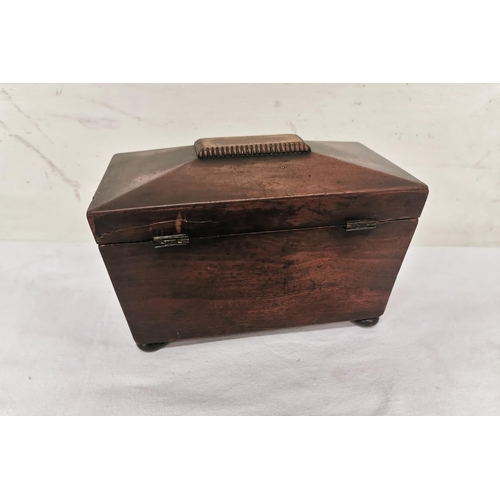 287 - Small antique mahogany Tea Caddy, hinged lid, ivory escutcheon, on 4 turned feet, 20cmW x 14cmH