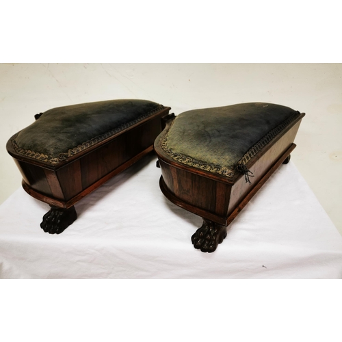 289 - Matching Pair of Irish Mahogany Framed Foot Stools, V-shaped, with lions paw feet (some border missi... 