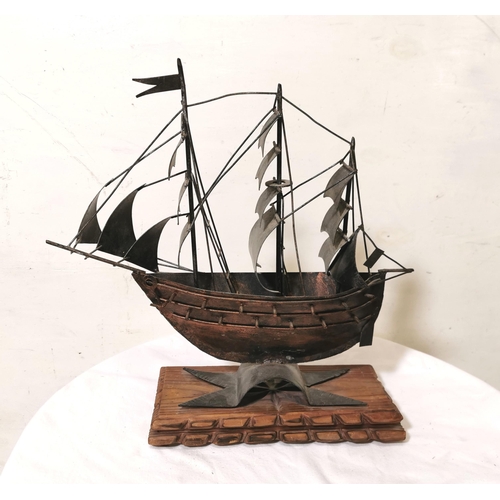 317 - Contemporary copper sculpture of a model Clipper Ship, mounted on an oak base, W41cm x H43cmH