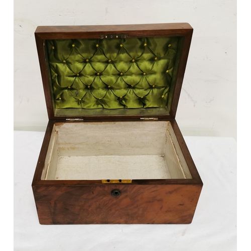 324 - Victorian Walnut Table Top Sewing Box, brass handle, escutcheon, the hinged lid padded with green sa... 