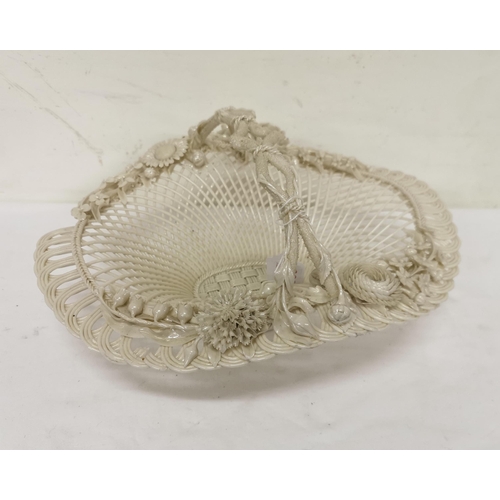 325 - 1st period Belleek Basket with handle, ornately decorated with flowers and frilled edges (damage to ... 