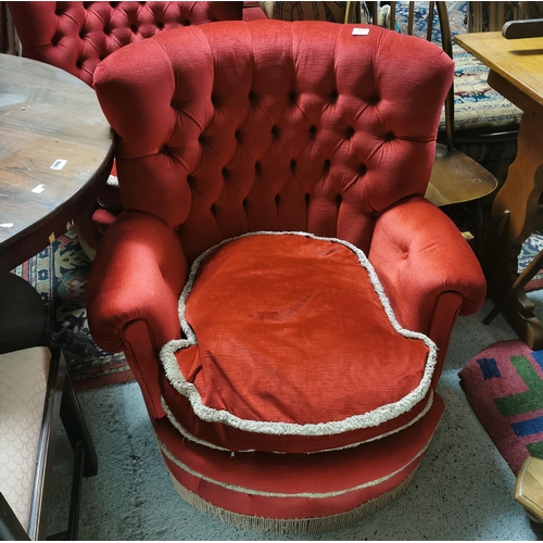 37 - Matching Set of 3 red velvet Fireside Chairs, with cushion seats and button backs, 1960s