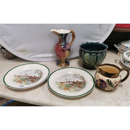 394 - Group English pottery  jardinere (green glazed, 15cmH), 2 jugs, pr hunting plates (5)