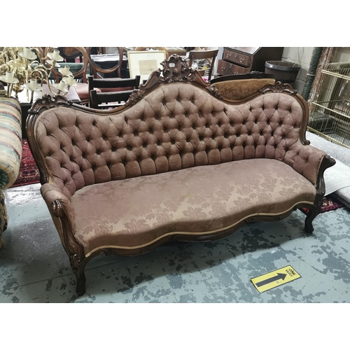 1 - Large Mahogany Framed Settee, plum coloured fabric, buttoned back, 173cmW, decorative gallery