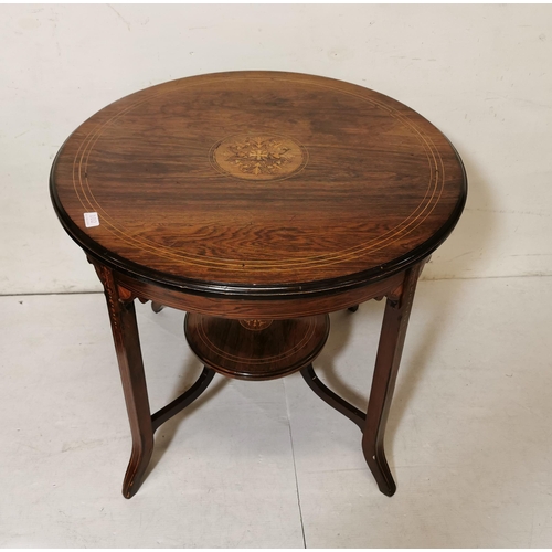 101 - Edw. Rosewood Circular Occasional Table, with stretcher shelf, on tapered legs, floral inlay detail,... 