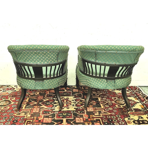 12 - Matching Pair of Edwardian Tub-shaped Armchairs, Rosewood frames, inlaid, upholstered top rail and s... 