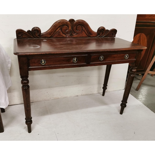 145 - Mahogany Side Table with rear shaped gallery, on 4 turned legs, two apron drawers, brass circular ha... 