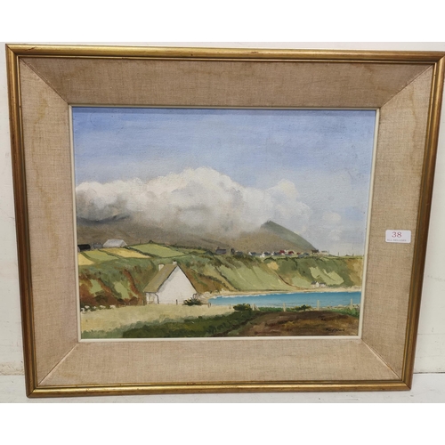 161 - Irish School  MARY CLARKE, Cottages at Cliff Edge, Summer time (signed), framed, 57cmH x 67cmW