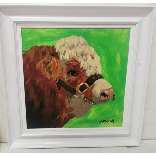 163 - RONALD KEEFER Curley, champion bull, oil on board (green background), white frame, 82cmH x 82cmW