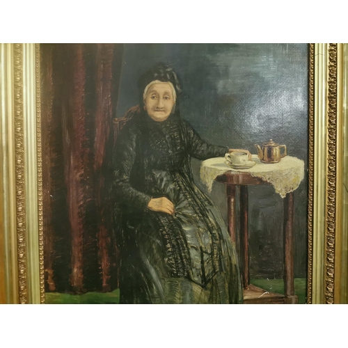 200 - 19thC Portrait of a seated senior woman, wearing a black dress and hat, having tea, oil on canvas, 6... 