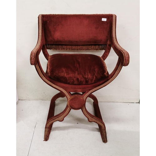 22 - Italian Throne Armchair, possibly 17th Century, covered with red velvet fabric, fringes and braiding... 