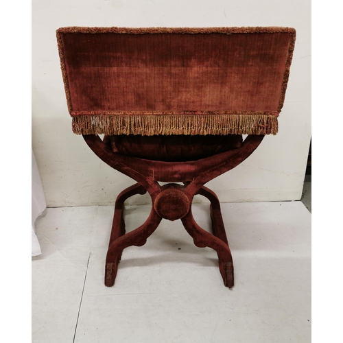 22 - Italian Throne Armchair, possibly 17th Century, covered with red velvet fabric, fringes and braiding... 