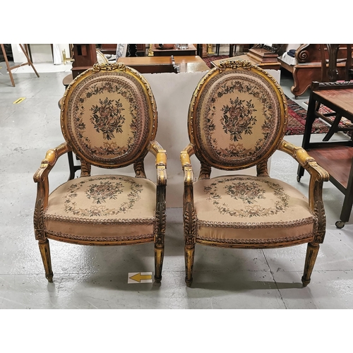 23 - Matching Pair of Gilt Decorated French Salon Armchairs, floral tapestry covered seats, 106cmH