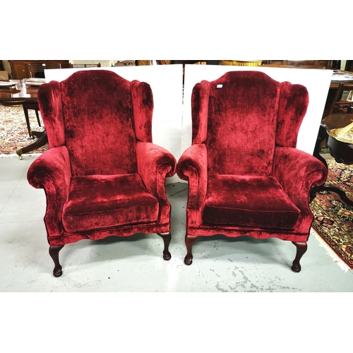 24 - Matching Pair of Plum Velvet Wingback Armchairs, on Queen Ann legs, each 1.1mH (very good condition)