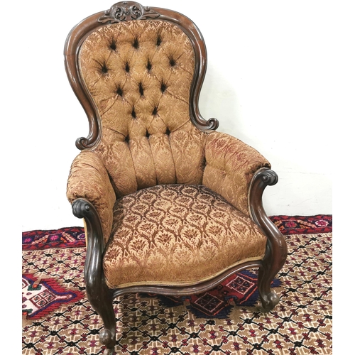 25 - 19thC Mahogany framed Armchair, on cabriole legs, castors, brown satin fabric, button back, 113cmH