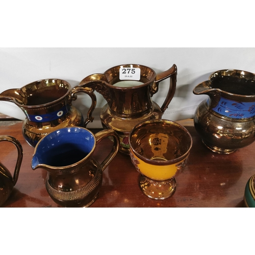 275 - 6 brown glazed water/milk Jugs, English and Welsh, (painted décor) & 1 goblet (7)