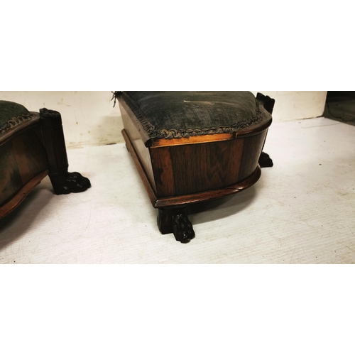 289 - Matching Pair of Irish Mahogany Framed Foot Stools, V-shaped, with lions paw feet (some border missi... 