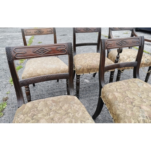 30 - Set of 6 Regency Mahogany Framed Dining Chairs, with rail backs, the tops carved with floral motifs,... 