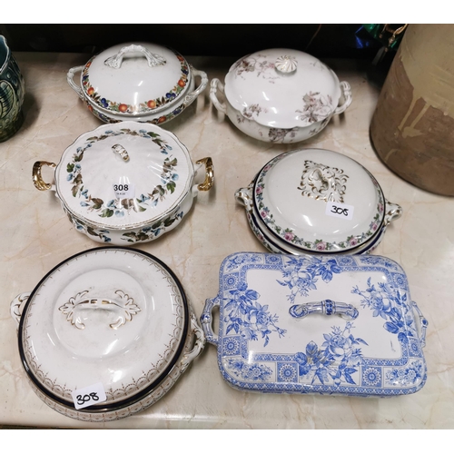 308 - 6 x vegetable dishes with lids, colourful floral details