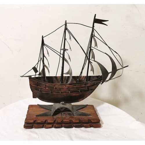 317 - Contemporary copper sculpture of a model Clipper Ship, mounted on an oak base, W41cm x H43cmH