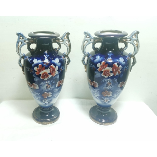 318 - Matching Pair of Victorian Blue Glazed Porcelain Vases, decorated with white and orange Flowers, wit... 