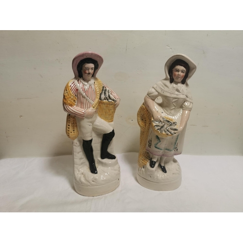 319 - Pair of Victorian Staffordshire Flat-back Figures  a Male and a Female Fishmonger, both in Tudor co... 