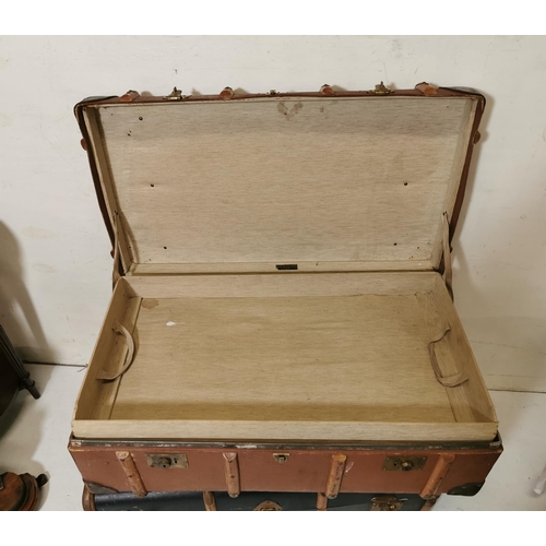 322 - Two Steamer Trunks, brown and blue ply with wooden bands  & a Vintage red Antler suitcase (3)