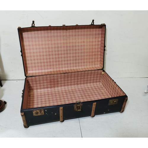 322 - Two Steamer Trunks, brown and blue ply with wooden bands  & a Vintage red Antler suitcase (3)