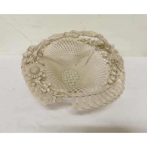 325 - 1st period Belleek Basket with handle, ornately decorated with flowers and frilled edges (damage to ... 