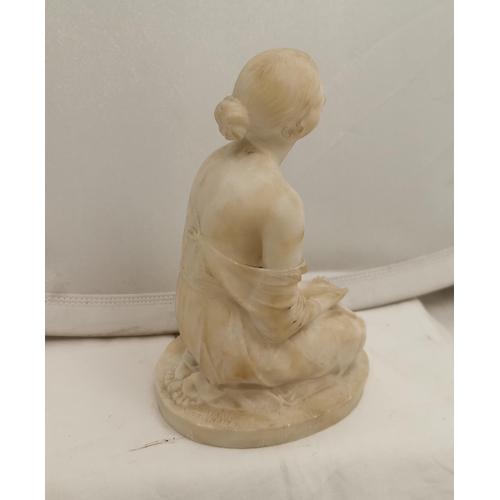 328 - Alabaster Figure of a pensive Kneeling Woman (fingers on one hand damaged), 23cmH