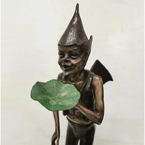 332 - Tall Bronze Model of a Pixie, holding a green leaf, 103cmH