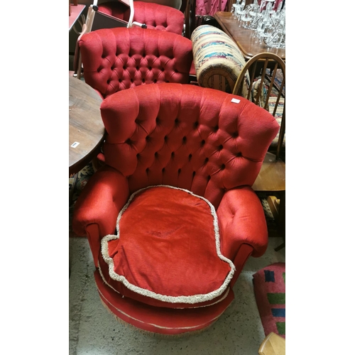 37 - Matching Set of 3 red velvet Fireside Chairs, with cushion seats and button backs, 1960s