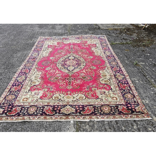 383 - Rich pink and blue ground Persian Tabriz Carpet, bespoke medallion design, Vintage era (small patch)... 