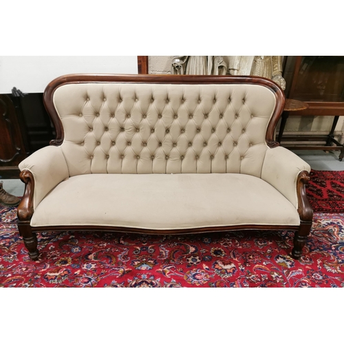 40 - Victorian Style Large Settee, mahogany framed, reeded front legs, buttoned back, covered with beige ... 